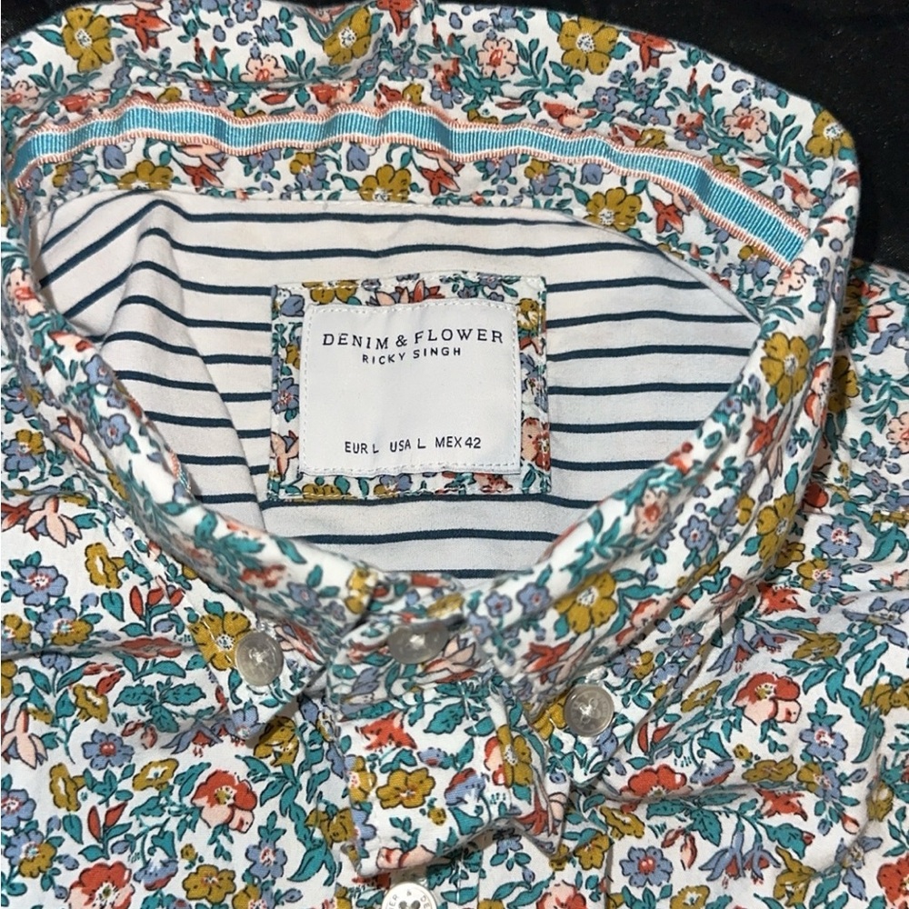 Denim & Flower Casual Button Down Shirt Vibrant Floral Print